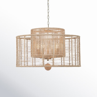 Pendant Lighting: Linear Open Frame Fixture with Warm Wood Toned Accents