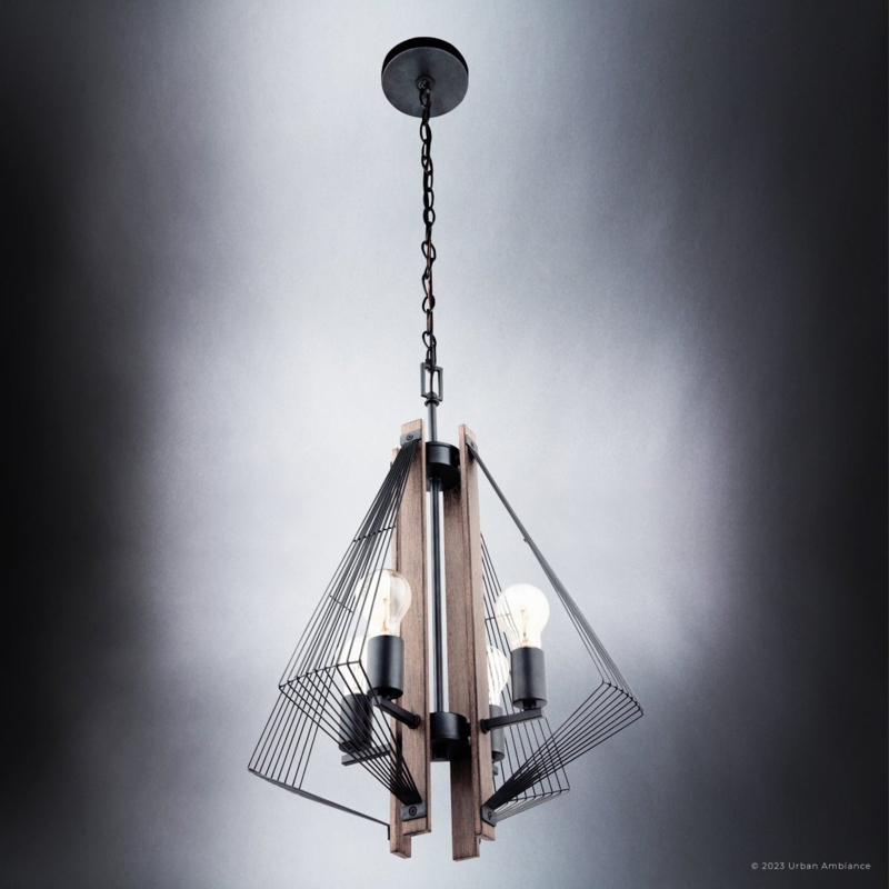 Pendant Lighting: Matte Black Geometric Cage, Wood Accent