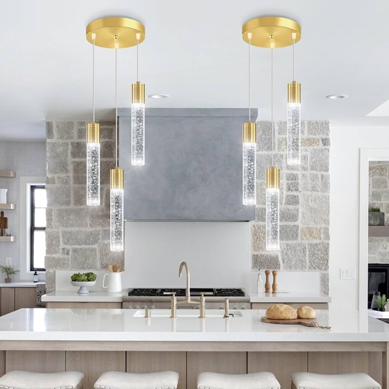 Pendant Lighting Set Trio with Bubble Glass Cylinders and LED Lighting