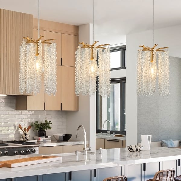 Pendant Lighting Set Waterfall Beads Gold Finish Crystal Glam Fixture