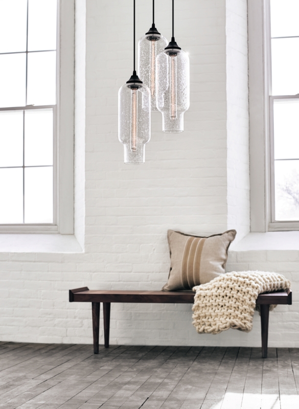 Pendant Lighting Trio Staggered Height with Amber and Smoke Grey Glass