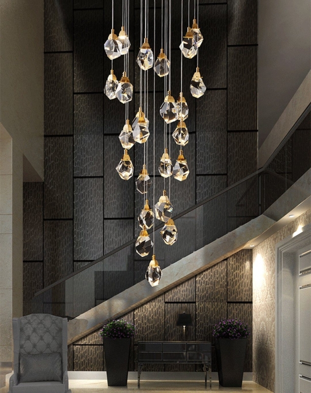 Pendant Lights, Brass Staggered Cluster with Faceted Geometric Crystal