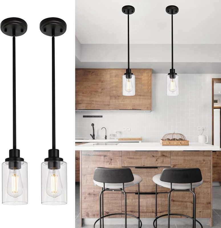 Pendant Lights Set of 2 Industrial Matte Black with Clear Cylinders