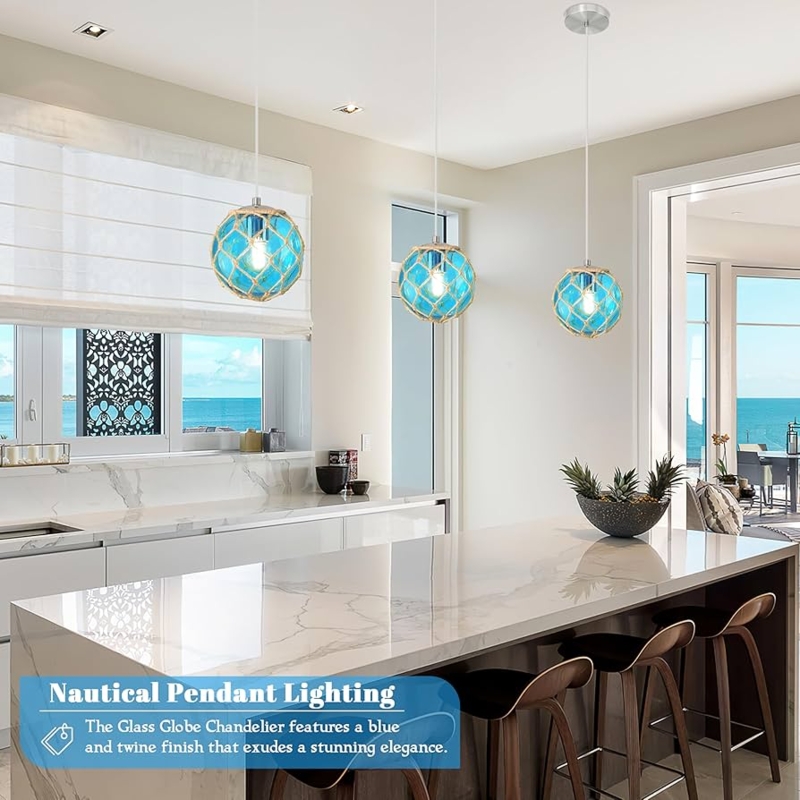 Pendant Lights Three Ocean Blue Glass Globes Hemp Rope