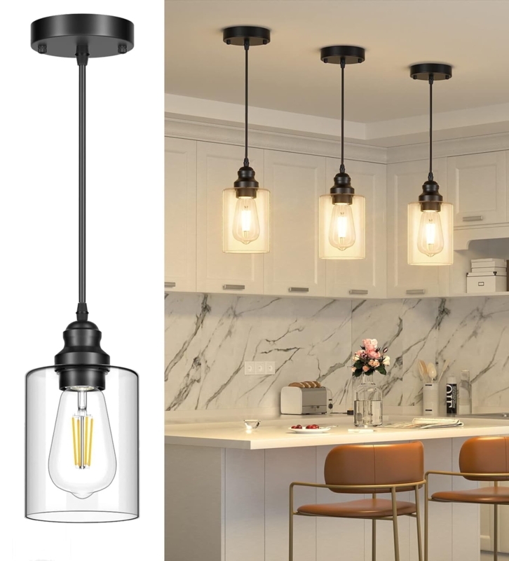 Pendant Lights: Trio Set, Clear Glass Bells, Matte Black. Industrial Black Set.