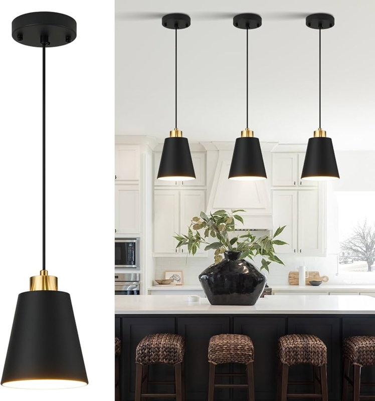 Perforated Gold Interior Cone Pendant Light Matte Black Finish