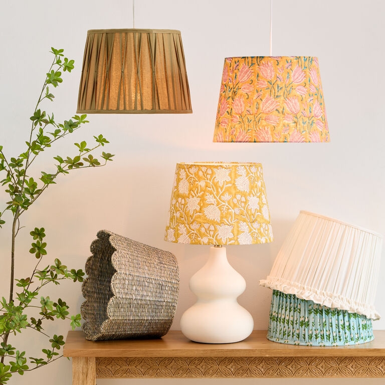 Pleated Drum Lamp Shade in Amber Floral Block Print