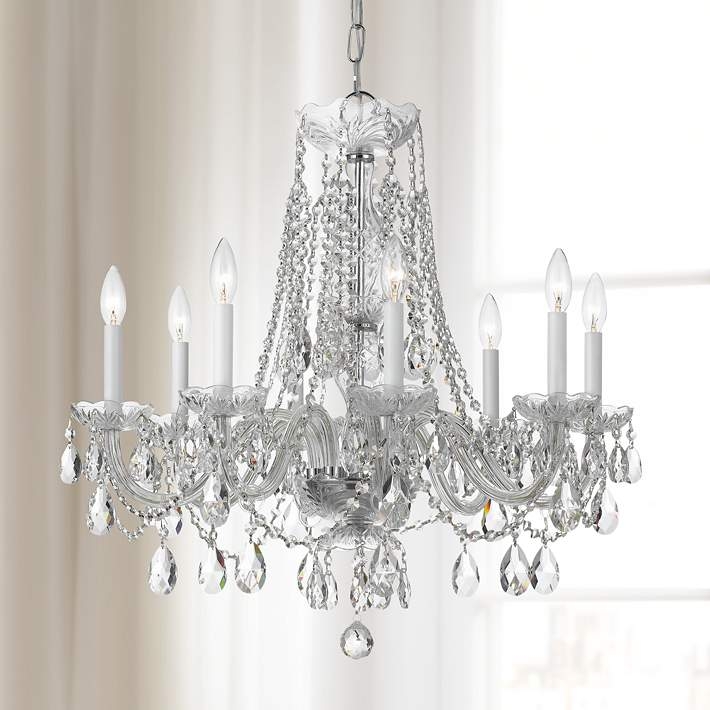 Polished Chrome Chandelier, Eight Light with Faceted Crystal Drops