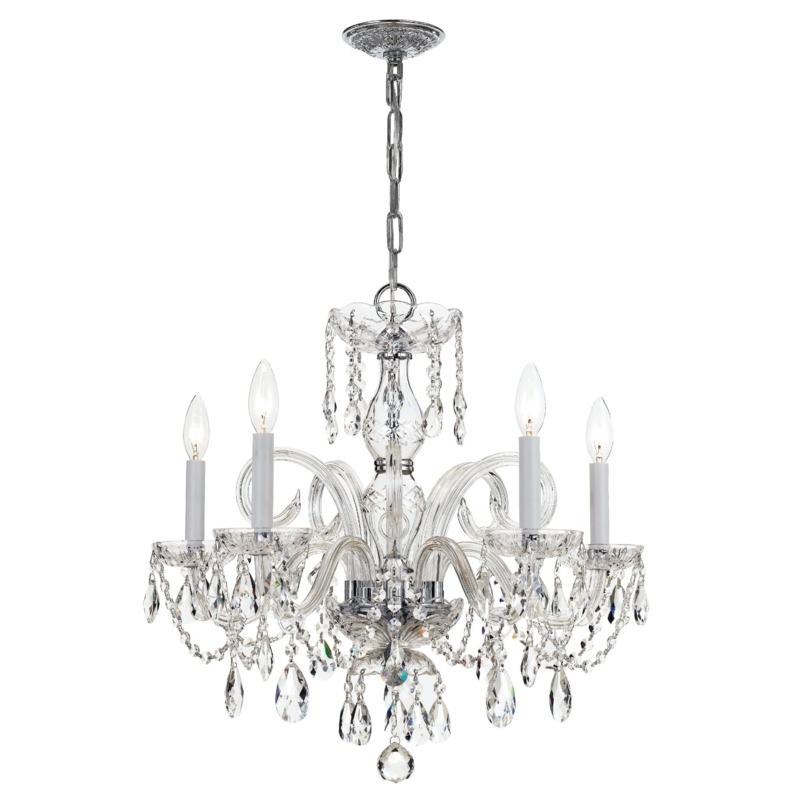 Polished Chrome Five Light Chandelier with Hand Cut Crystal Pendants