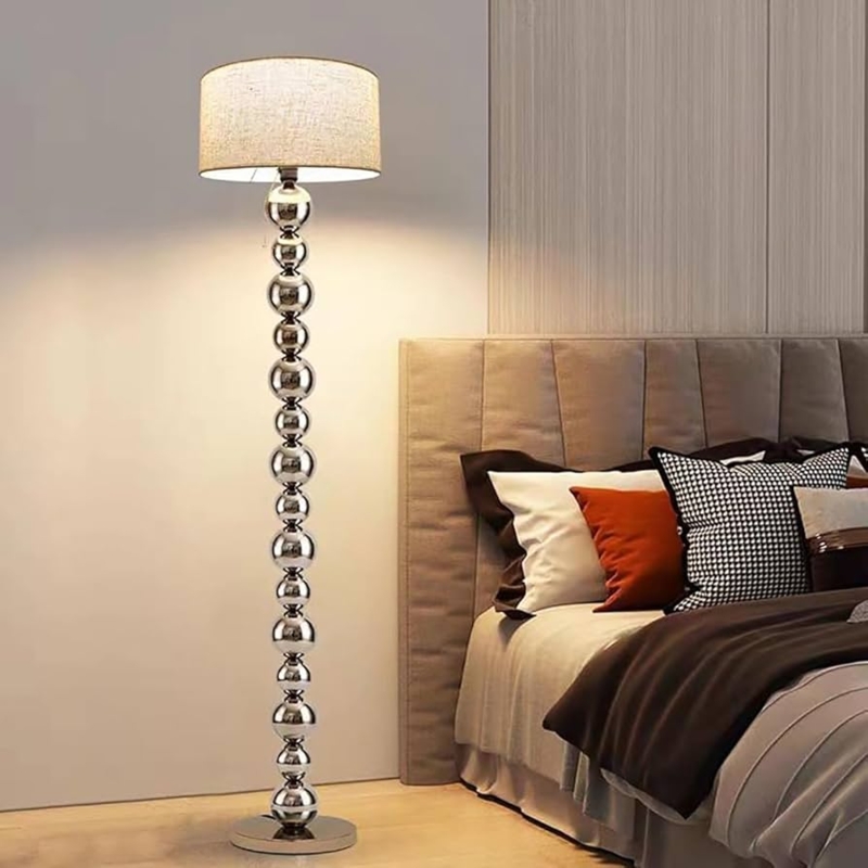 Polished Chrome Floor Lamp with Linen Texture Drum Shade and Pull Chain