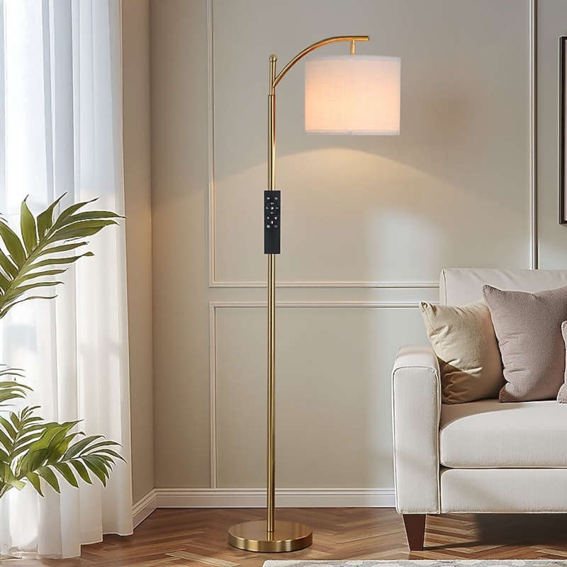 Polished Gold Arc Floor Lamp, Drum Shade Overhead Reach