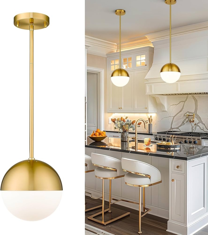Polished Gold Globe Pendant Light, Circular Frame Clear Glass