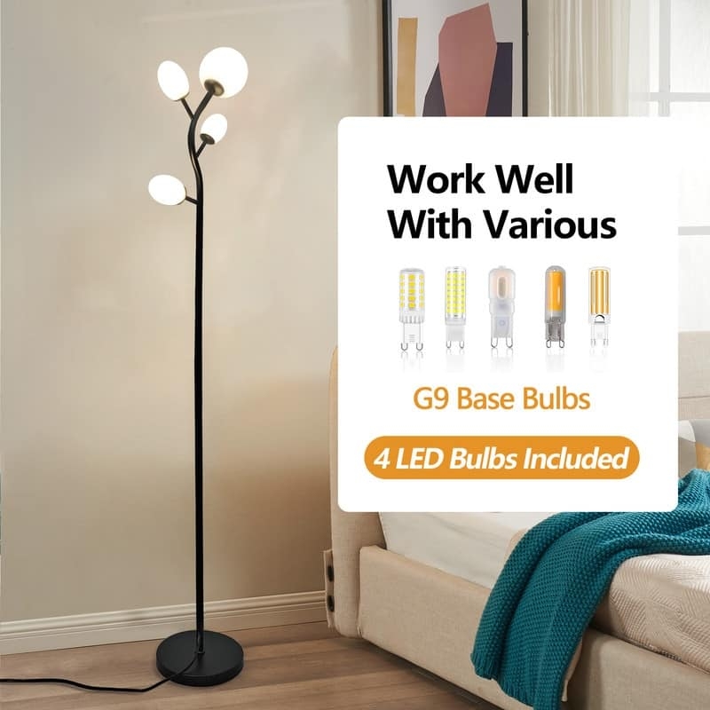 Polished Gold Tree Floor Lamp Four Light Cylindrical Shades Glam