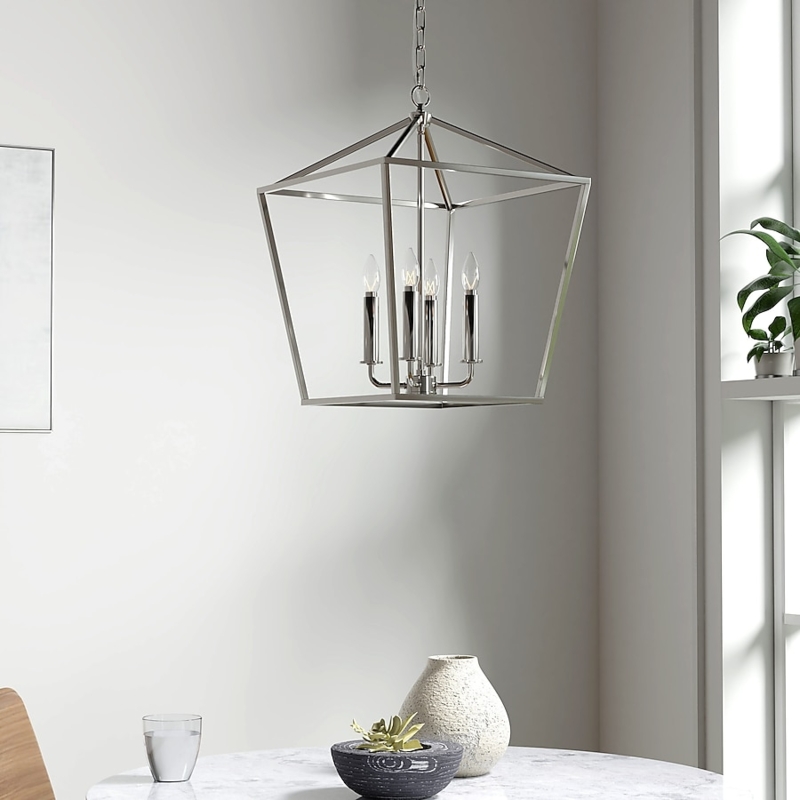 Polished Nickel Lantern Pendant Lighting With Square Open Cage Frame