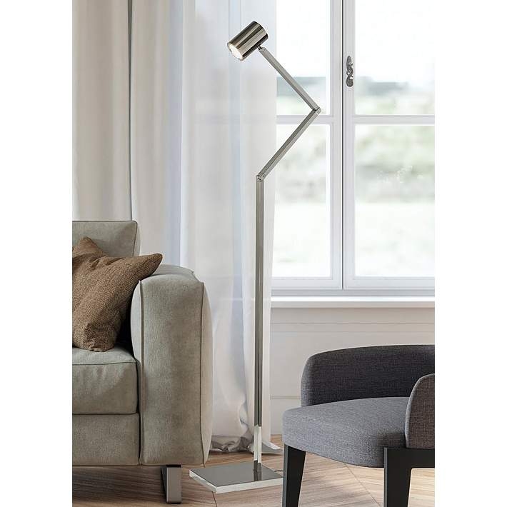 Polished Nickel Task Floor Lamp with Curved Arm and Conical Shade