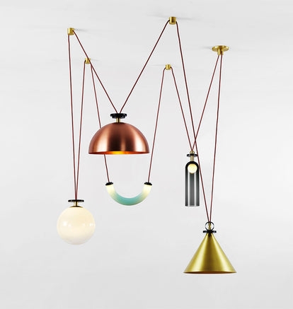 Postmodern Chandelier: Multi-Color Geometric Shapes, Pulley System