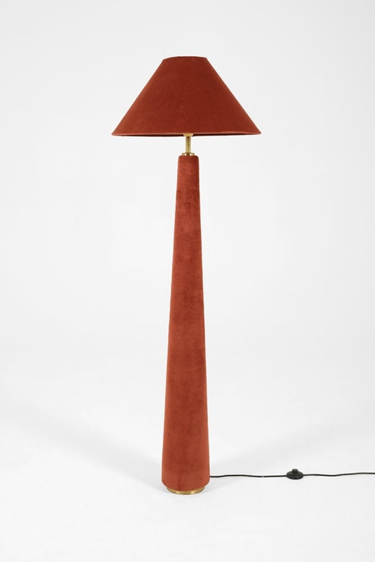 Postmodern Floor Lamp Rusty Red Velvet Upholstery Hooded Shade