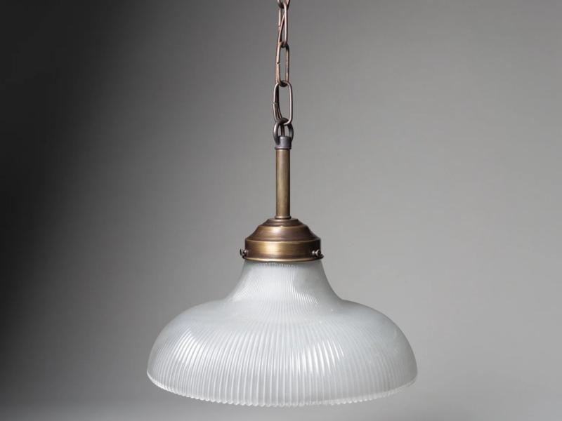 Prismatic Glass Pendant Light Antique Brass Holophane Style Chain