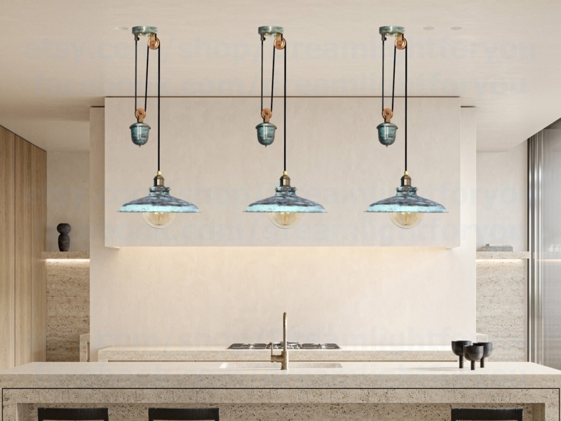 Pulley Pendant Light Antique Brass Caged Dome Industrial Rise and Fall.