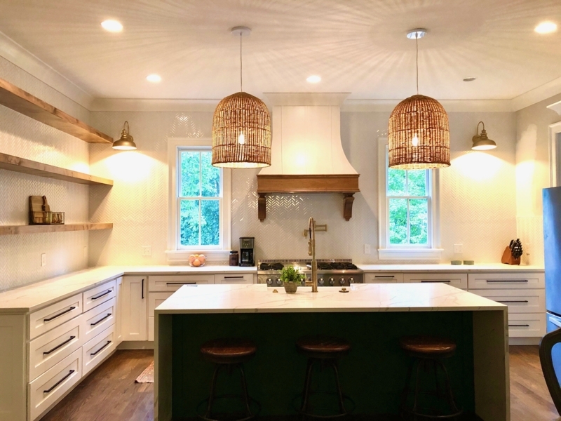 Range Hood White Curved with Wood Strapping and Corbels