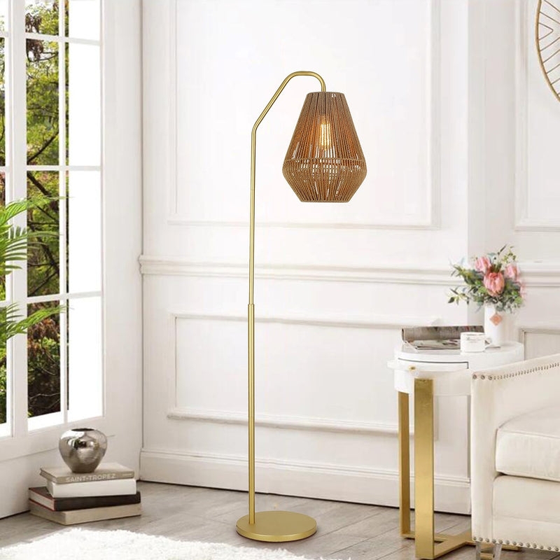 Rattan Floor Lamp with Polished Gold Stand and Woven Lantern Shade