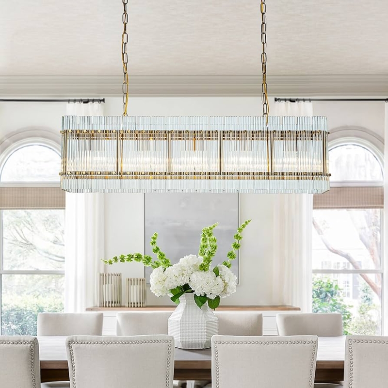 Rectangular Chandelier Antique Gold Linear Textured Glass