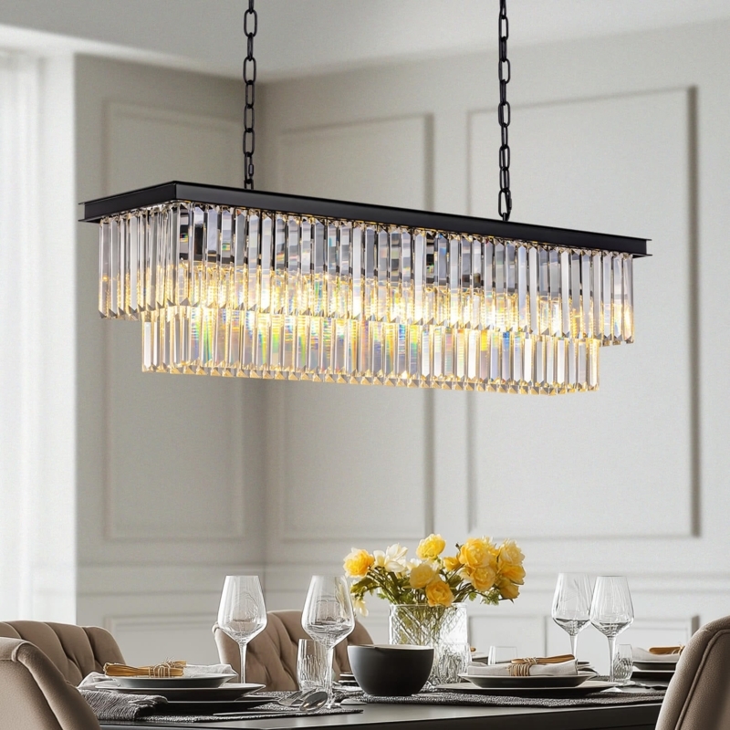 Rectangular Chandelier Black Metal Frame Tiered Crystals Linear