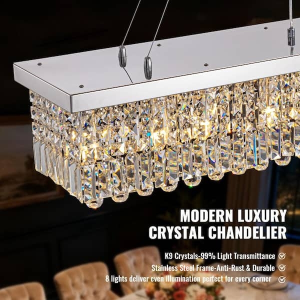 Rectangular Chandelier Polished Silver Crystal Multi-Tier Dining Light