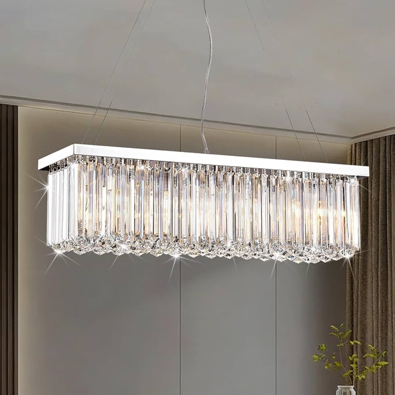 Rectangular Crystal Chandelier Linear Chrome Tiered Dining Room