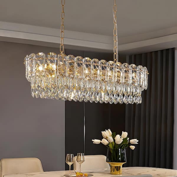 Rectangular Crystal Chandelier, Polished Brass Linear Prisms Modern