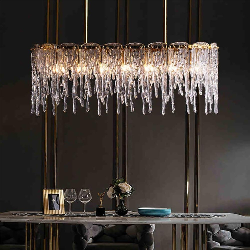 Rectangular Icicle Glass Chandelier Linear Form Gold Toned