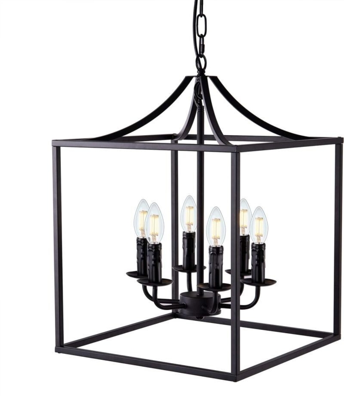 Rectangular Lantern Chandelier Foyer Light With Six Candle-Style Bulbs