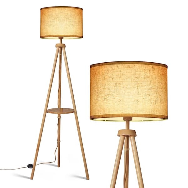 Remote Control Floor Lamp Tripod Base Light Wood Linen Shade