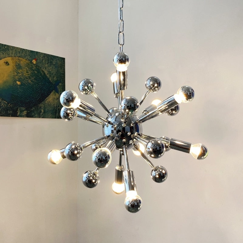 Retro Sputnik Chrome Chandelier Spherical Hub Exposed LED Bulbs