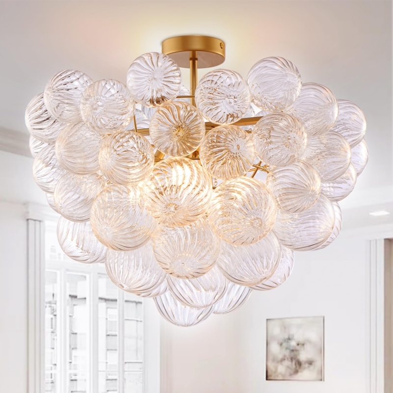 Ribbed Glass Bubble Chandelier, Gold Semi Flush Mount Light.