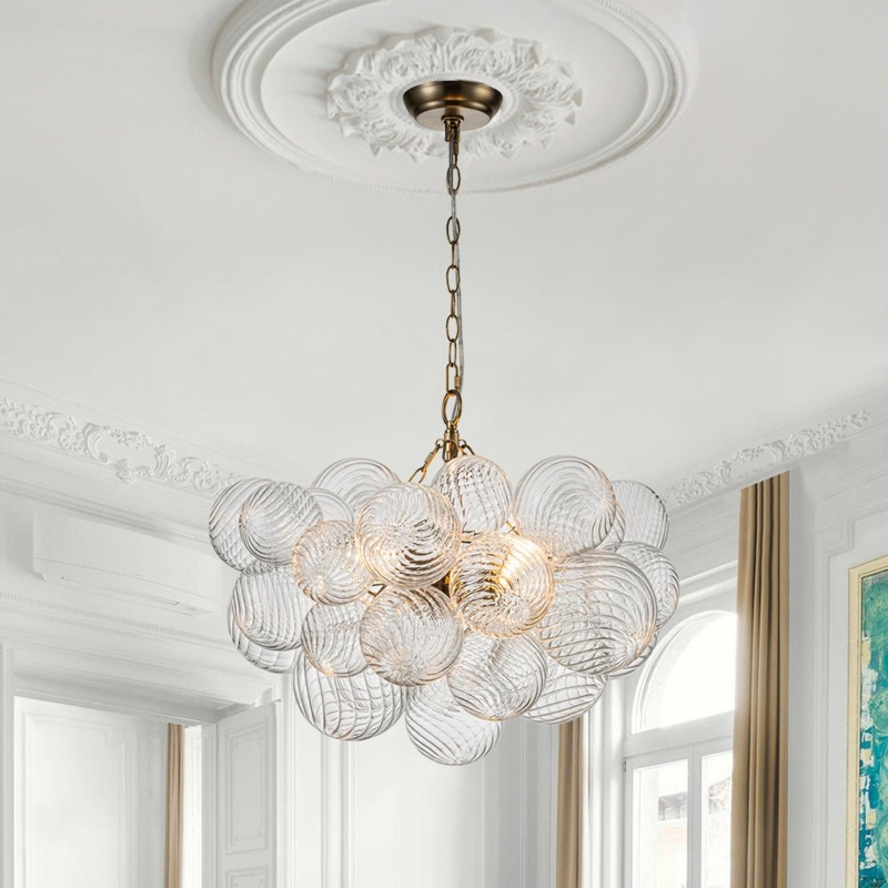 Ribbed Glass Globe Chandelier Brass Cluster Mid Century Modern