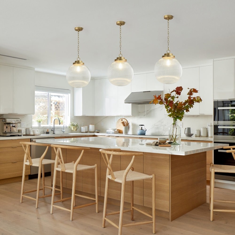 Ribbed Glass Globe Pendant Light with Brushed Brass Cap, Glam Lighting