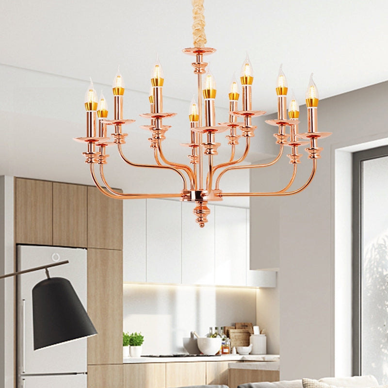 Rose Gold Candle Style Chandelier, Two-Tier Configuration