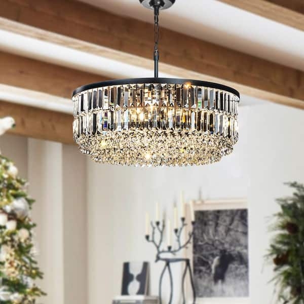Round Chandelier Matte Black Finish Cascading Crystals