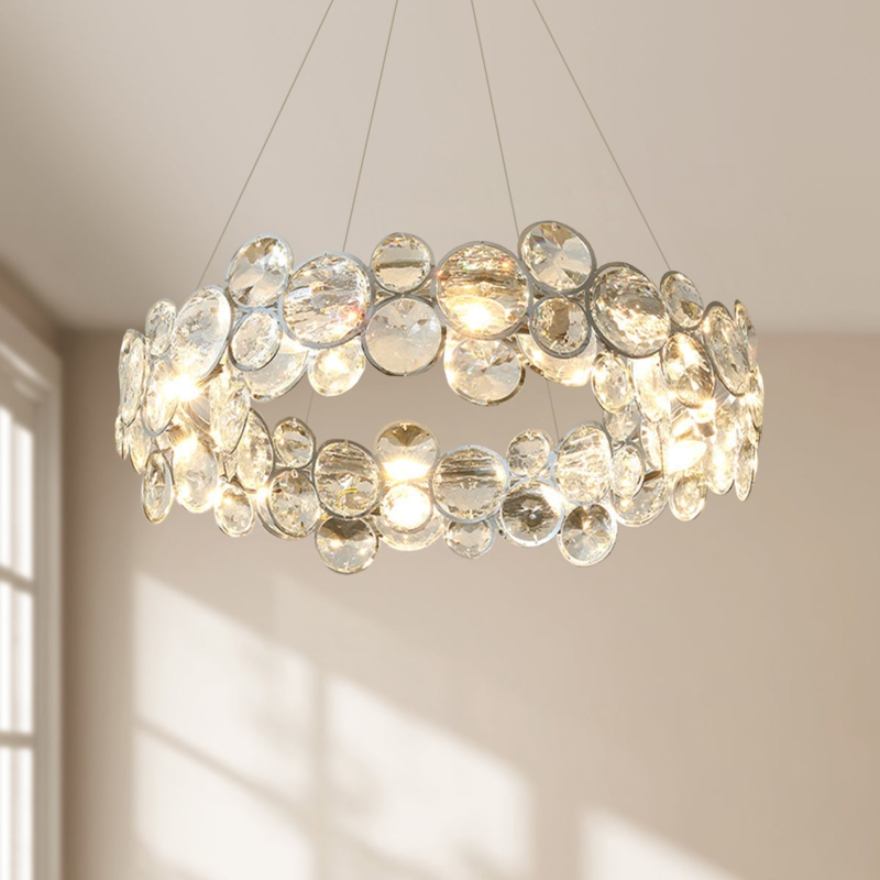 Round Tiered Crystal Chandelier Polished Chrome Rings Modern Glam