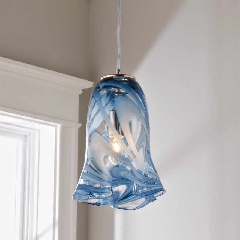 Ruffled Art Glass Pendant Light, Blue Swirls, Chrome Finish
