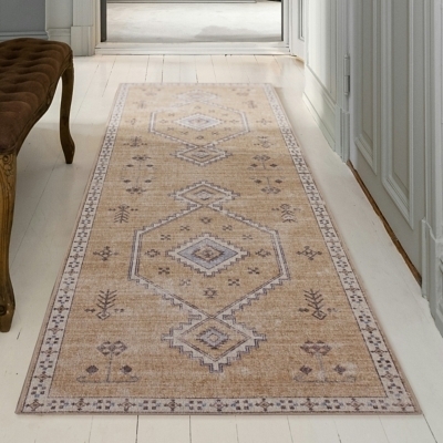 Runner Rug: Navy Tribal Medallion Pattern, Distressed Finish