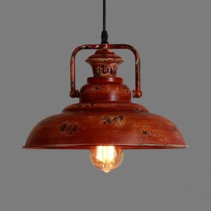 Rust Red Industrial Dome Pendant Light White Interior Distressed Finish