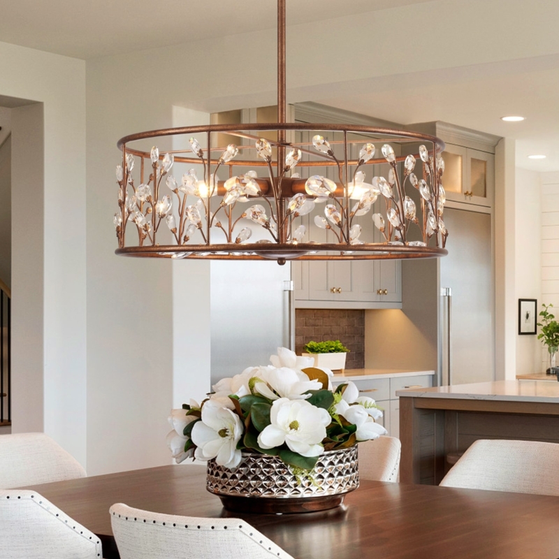 Rustic Bronze Drum Chandelier with Crystal Branch Details for Dining Room