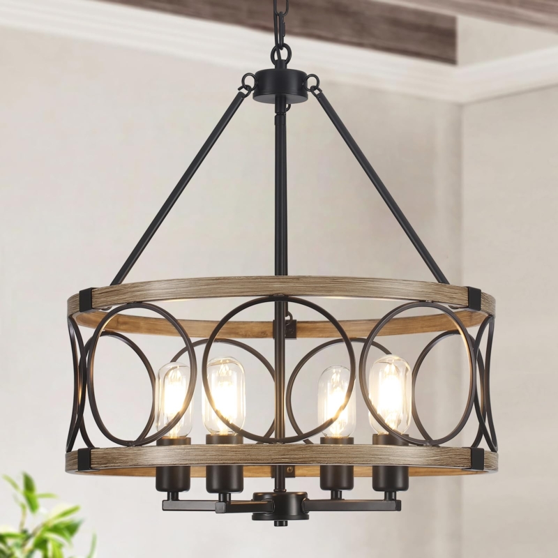 Rustic Drum Silhouette Chandelier Wood Grain Band Matte Black Metal