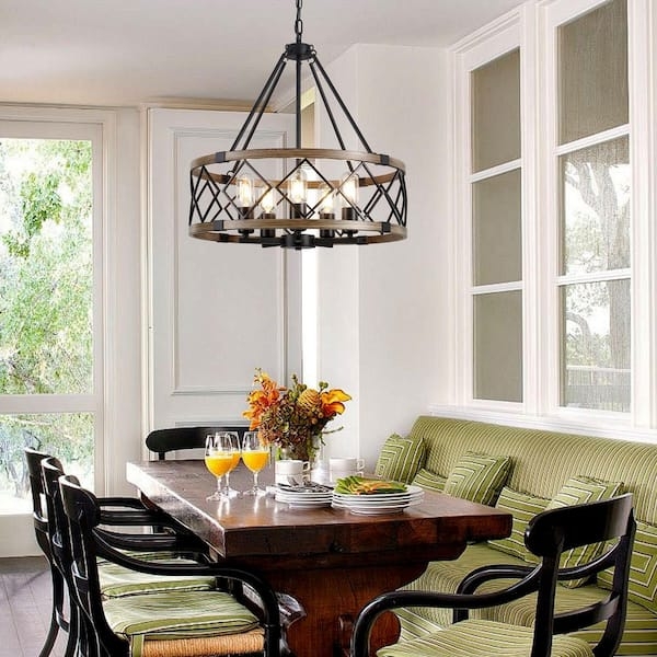Rustic Farmhouse Chandelier Geometric Lattice Mixed Material Frame Wood