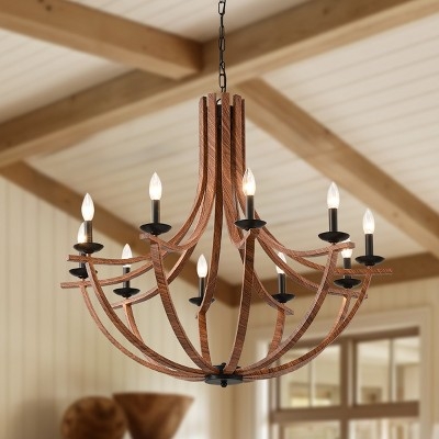 Rustic Farmhouse Intersecting Elliptical Frame Chandelier Faux Wood Finish