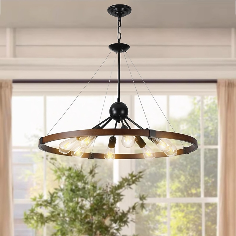 Rustic Farmhouse Wagon Wheel Chandelier Eight-Light Ring Matte Brown