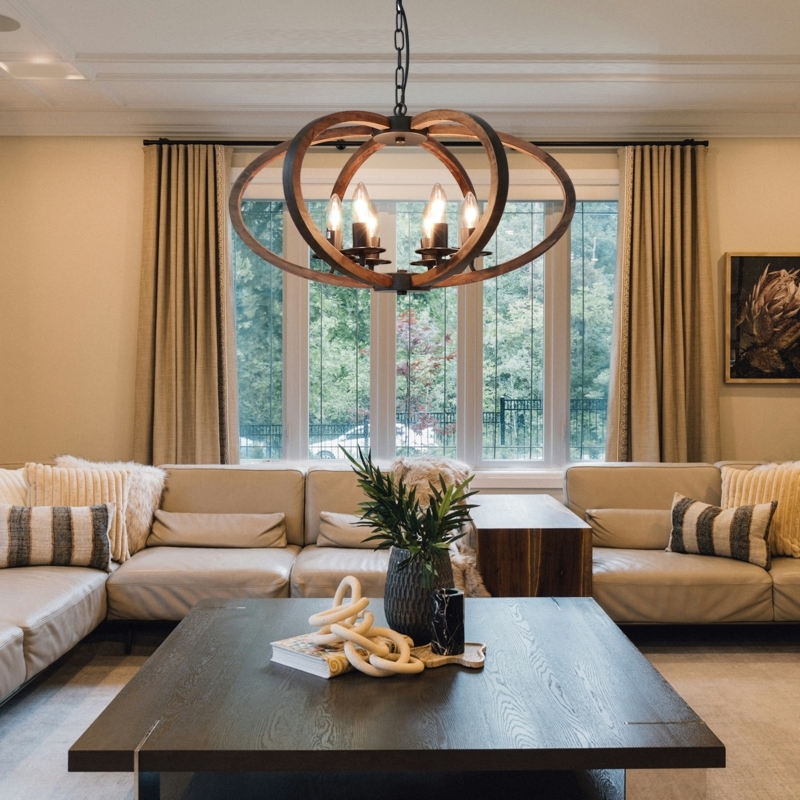 Rustic Farmhouse Wood-Toned Ring Chandelier 6-Light Candle Design Antique