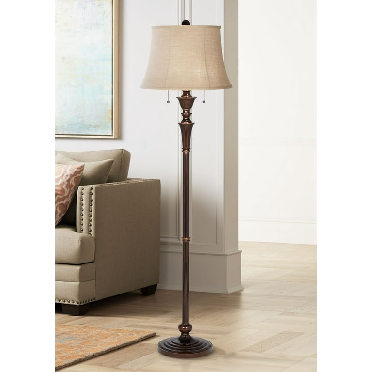 Rustic Floor Lamp Turned Bronze Pole, Burlap Bell Shade Lighting